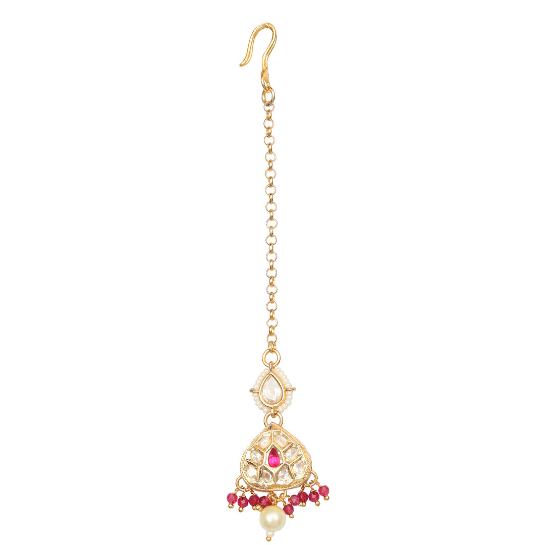 Gold finished Kundan and Polki Choker set with Red & White beads