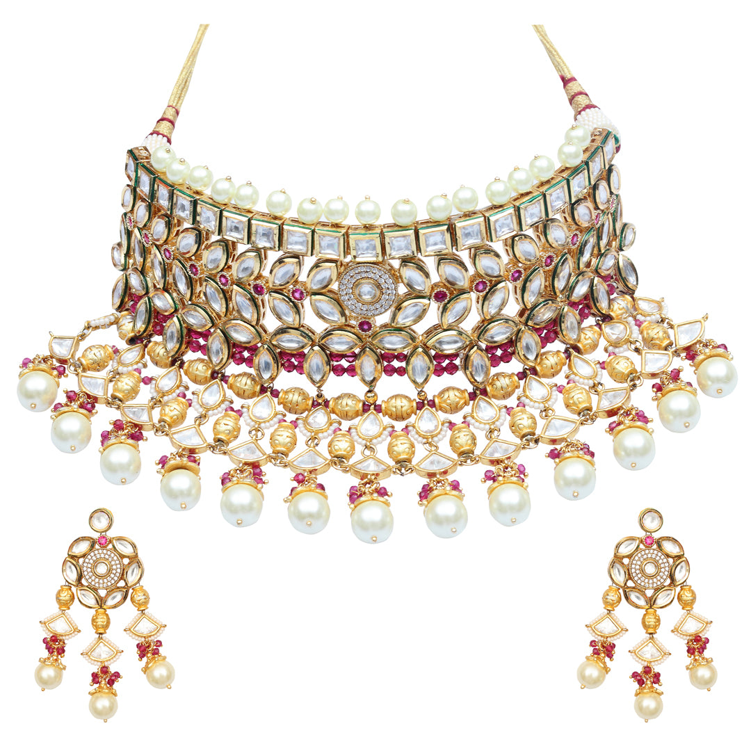 Gold finished Kundan and Polki Choker set with deep Rani Pink & White beads