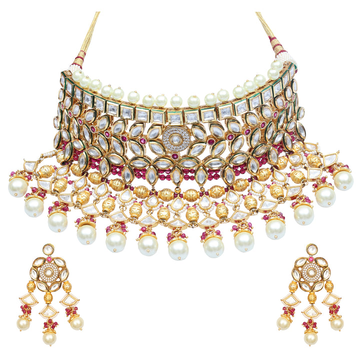 Gold finished Kundan and Polki Choker set with deep Rani Pink & White beads
