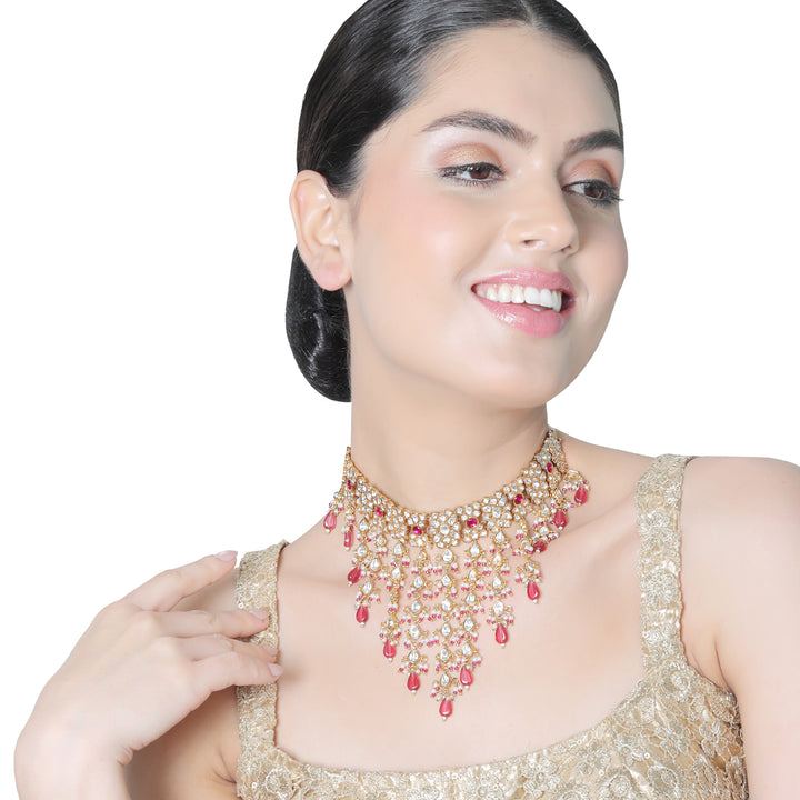 Gold finished Kundan and Polki cascading Choker set with deep Rani beads