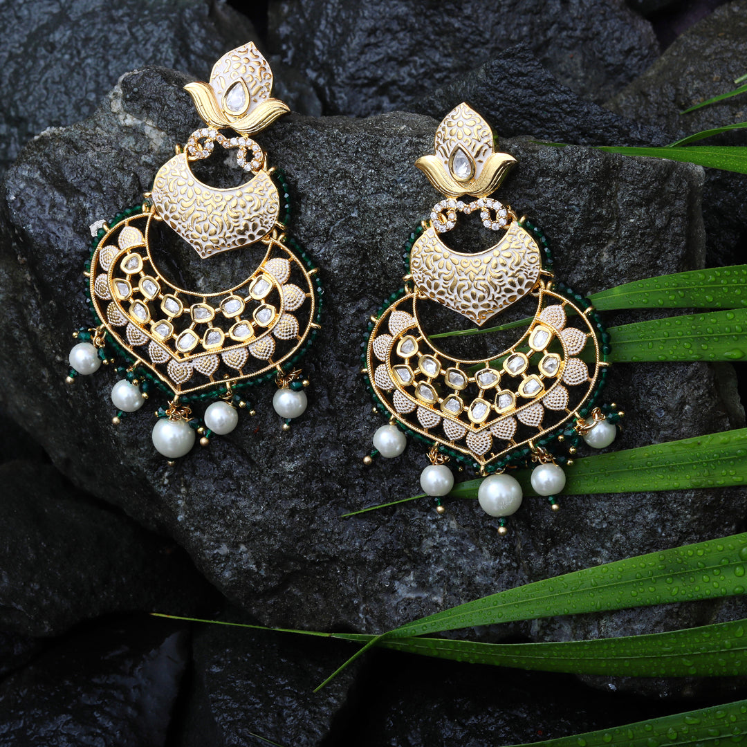 Kundan Chandbalis with Faux Diamonds and Red & White Beads.