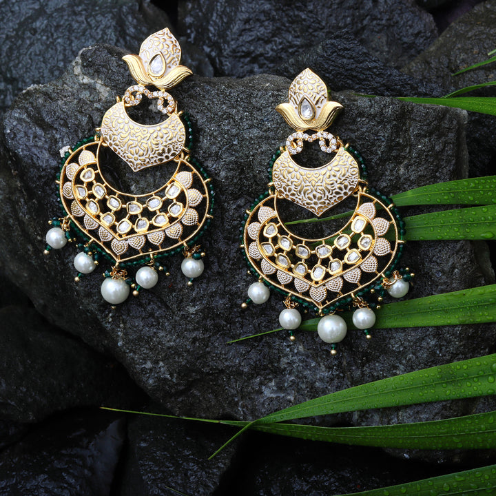 Mint Meenakari Kundan Chandbalis With Delicate Faux Diamonds & White Beads.