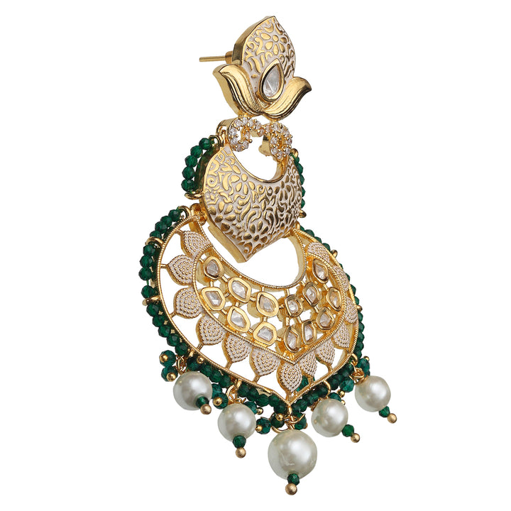 Kundan Chandbalis with Faux Diamonds and Green & White Beads.