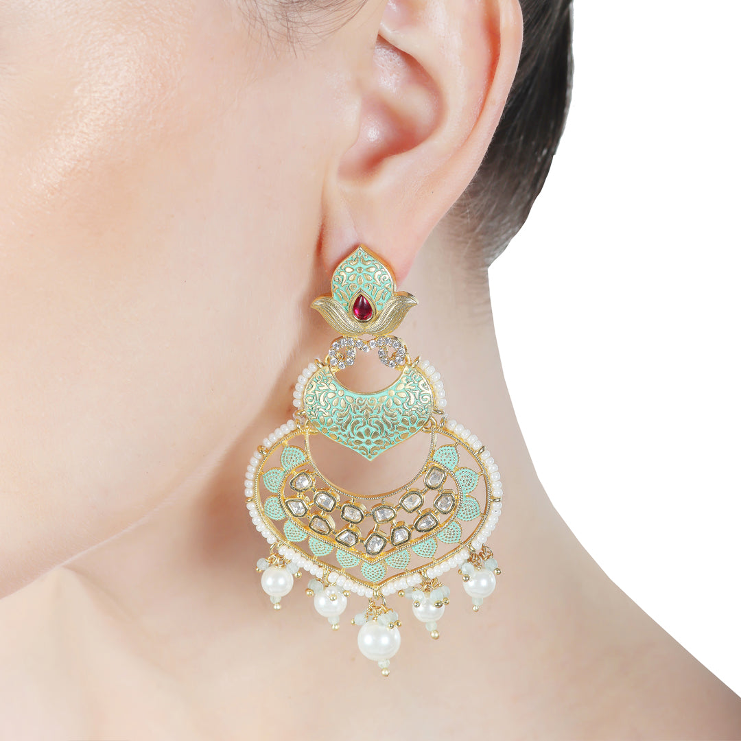 Mint Meenakari Kundan Chandbalis With Delicate Faux Diamonds & White Beads.