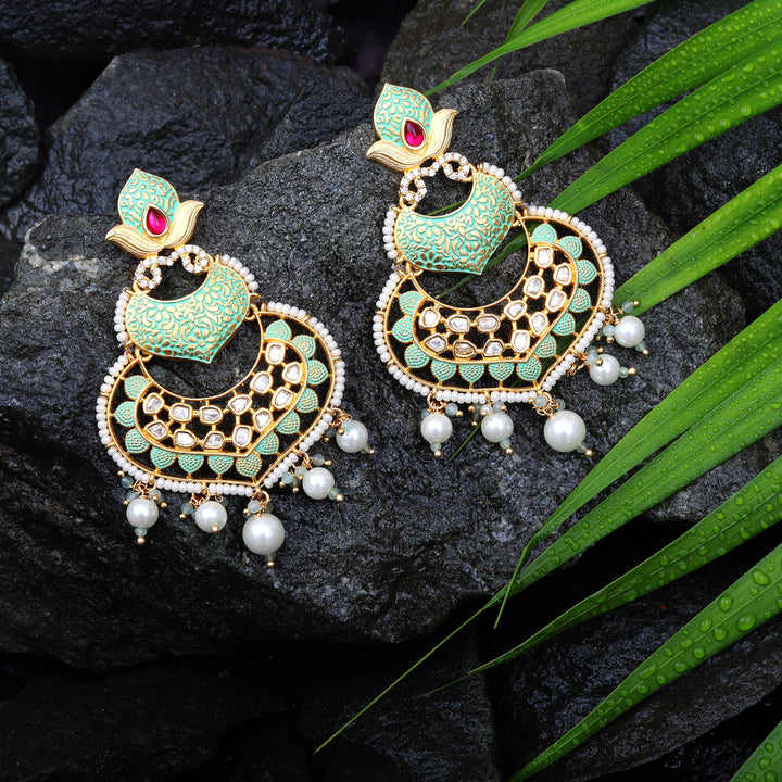 Mint Meenakari Kundan Chandbalis With Delicate Faux Diamonds & White Beads.