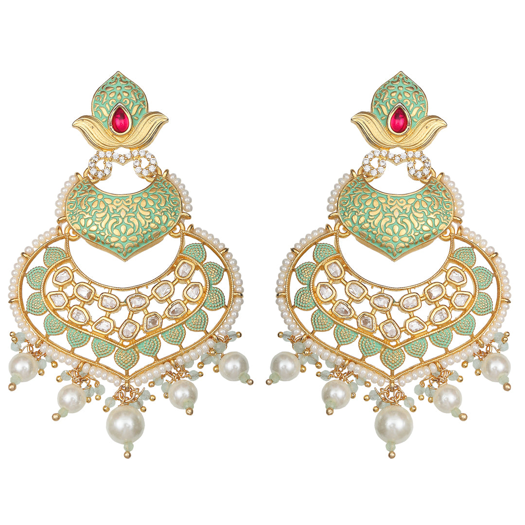 Mint Meenakari Kundan Chandbalis With Delicate Faux Diamonds & White Beads.