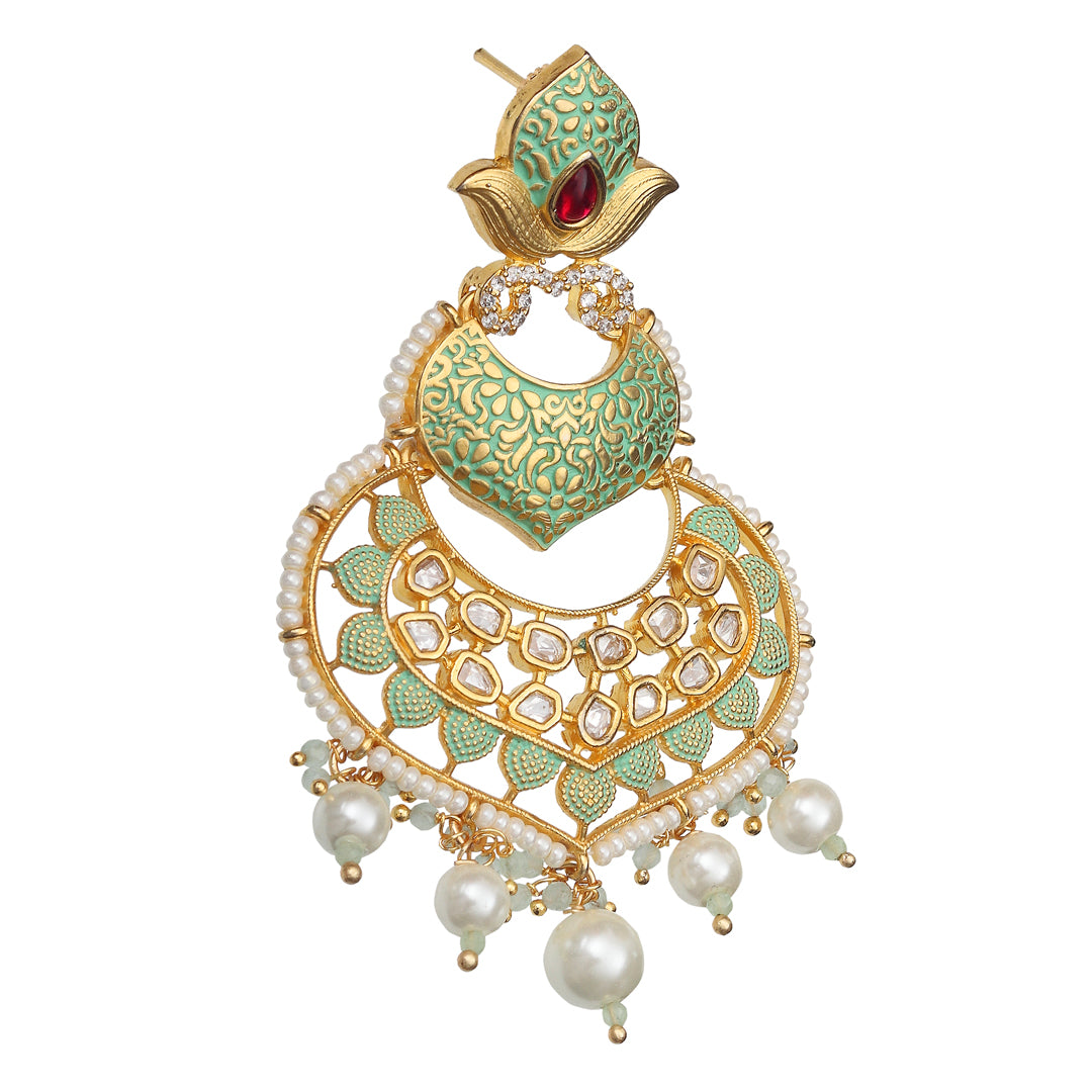 Mint Meenakari Kundan Chandbalis With Delicate Faux Diamonds & White Beads.