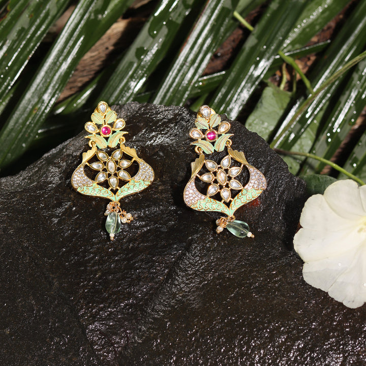 Mint and Gold Meenakari Kundan Danglers