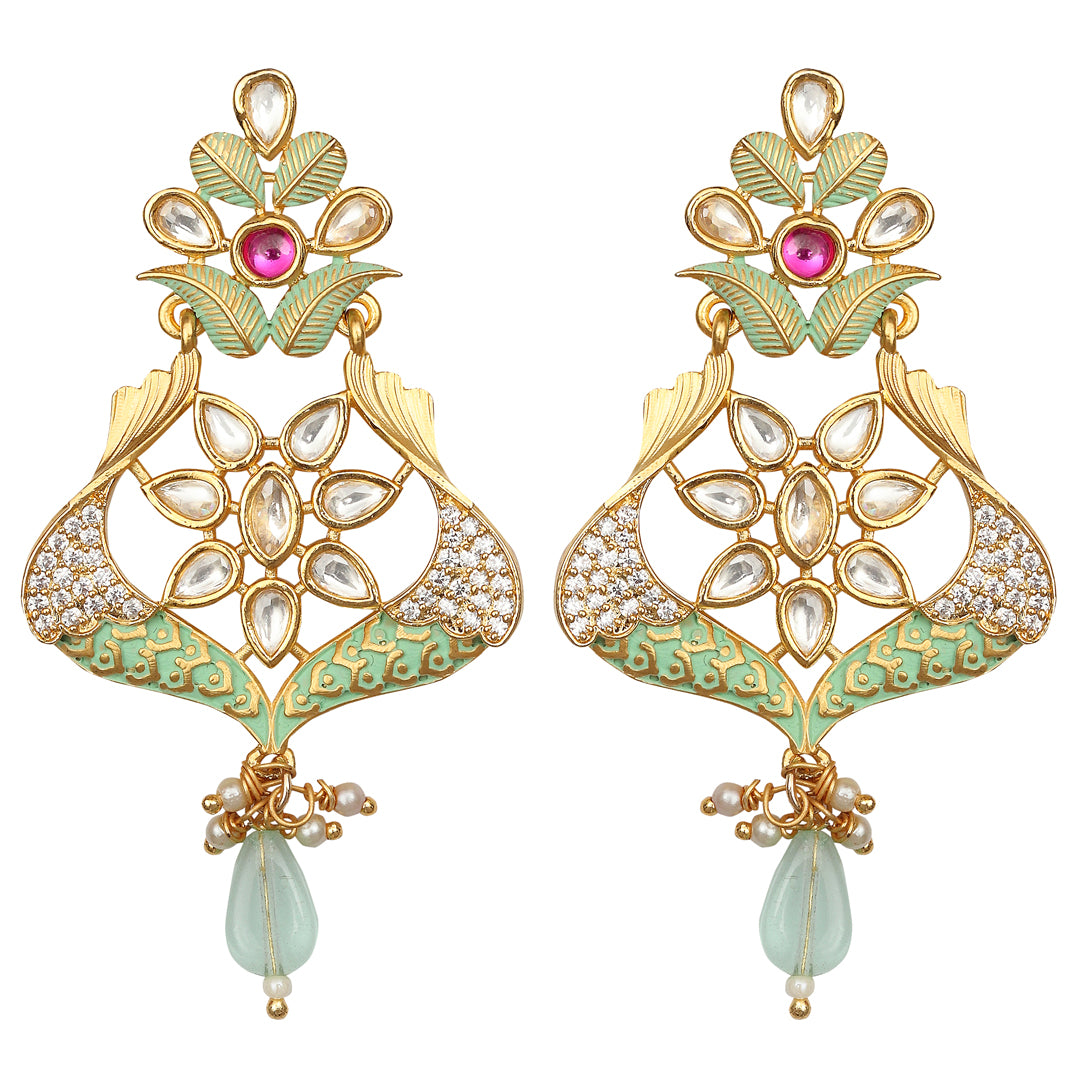 Mint and Gold Meenakari Kundan Danglers