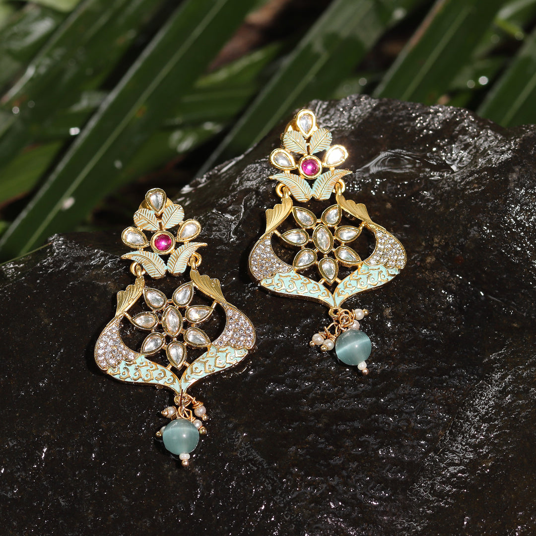 Mint and Gold Meenakari Kundan Danglers