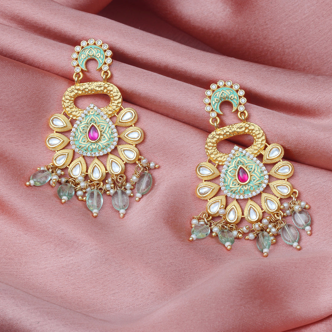 Gold finished Blue Meenakari and Kundan Danglers