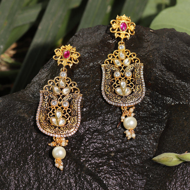 Midnight Black Meenakari Kundan Danglers