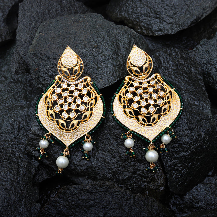 Gold Finished Brass Danglers with Antique Meenakari and Kundan Work
