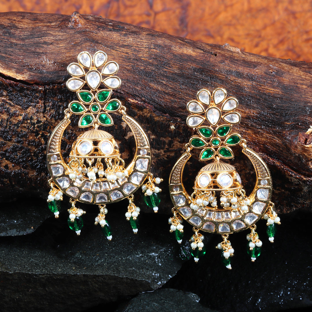 Kundan Chandbalis with Light Ruby & White Beads.