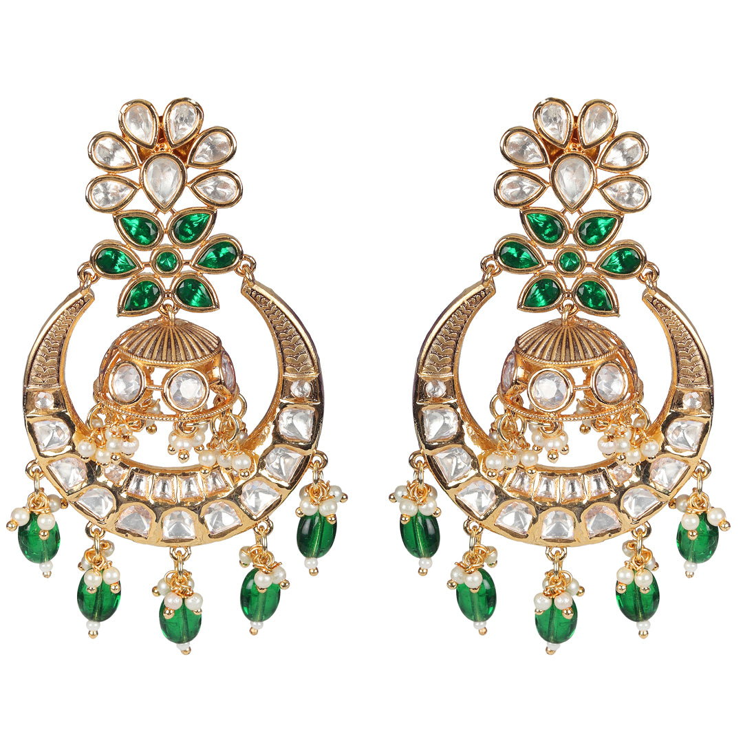 Kundan Chandbalis with Green & White Beads.