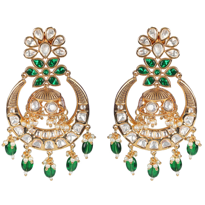 Kundan Chandbalis with Green & White Beads.