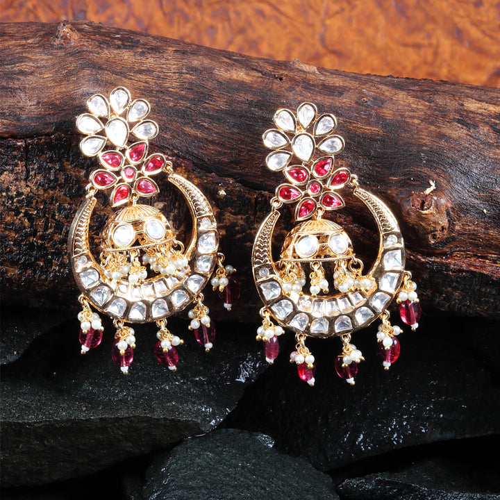 Kundan Chandbalis with Light Ruby & White Beads.