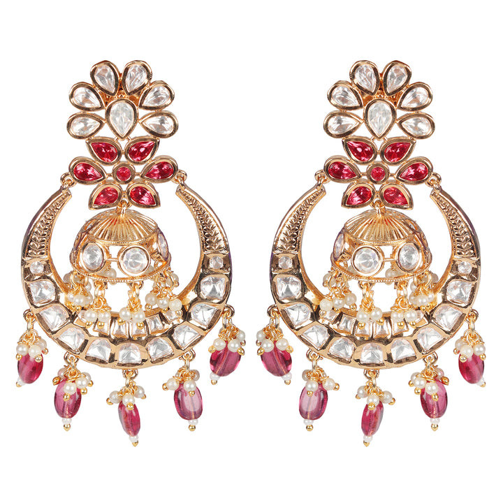 Kundan Chandbalis with Light Ruby & White Beads.