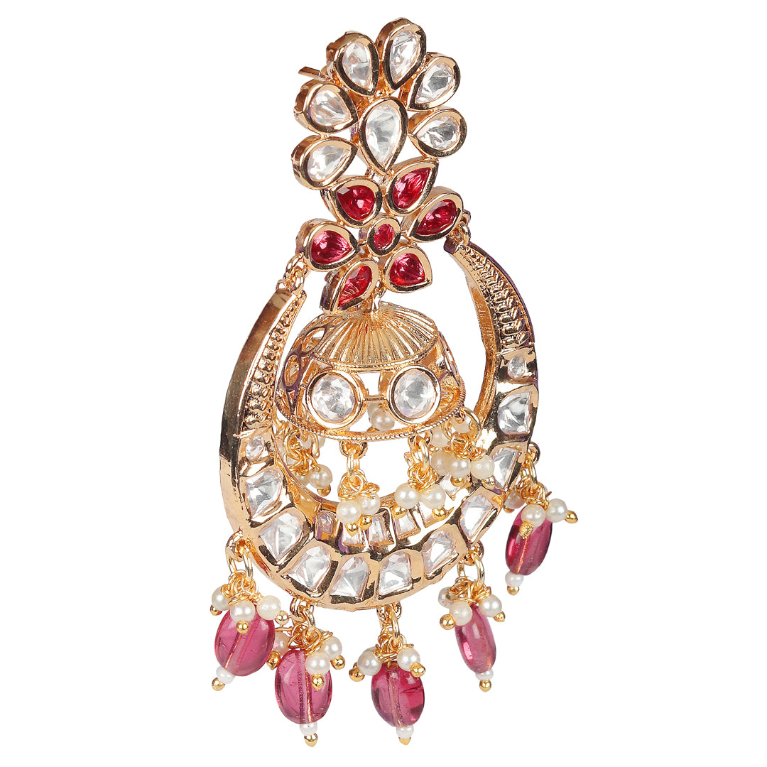 Kundan Chandbalis with Light Ruby & White Beads.