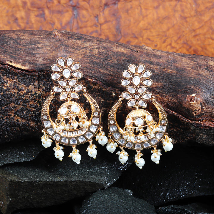 Kundan Chandbalis with Light Ruby & White Beads.