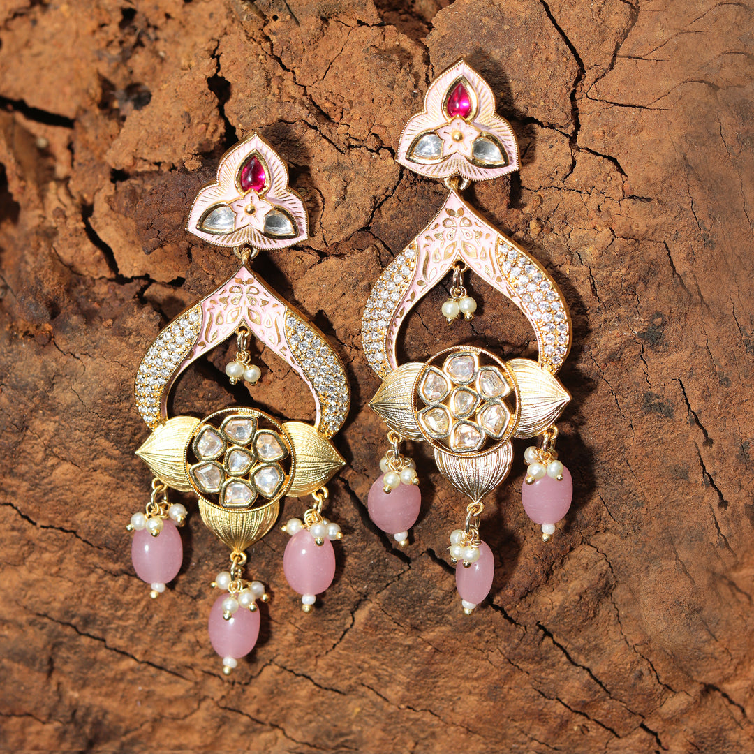 Gold finished Ivory Meenakari Kundan Danglers with White beads