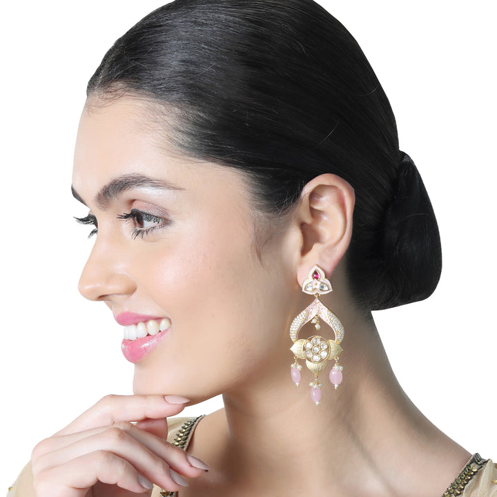 Gold finished Meenakari Kundan Danglers with baby Pink beads