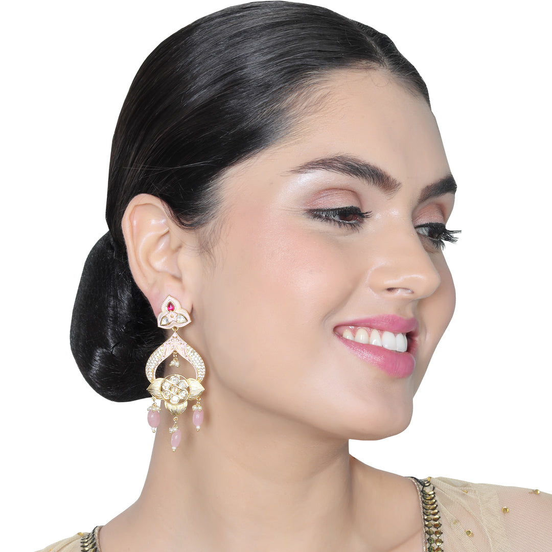 Gold finished Meenakari Kundan Danglers with baby Pink beads