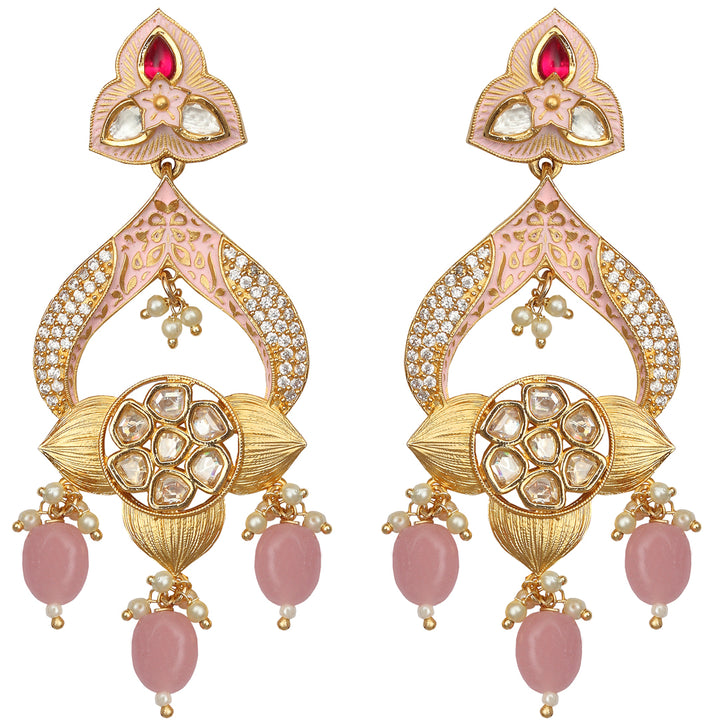 Gold finished Meenakari Kundan Danglers with baby Pink beads