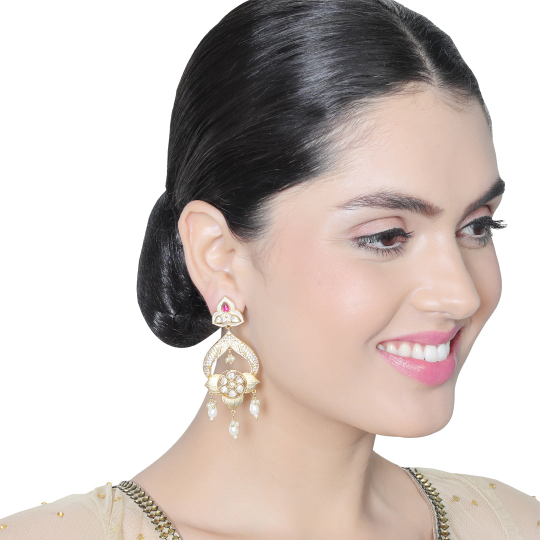 Gold finished Ivory Meenakari Kundan Danglers with White beads