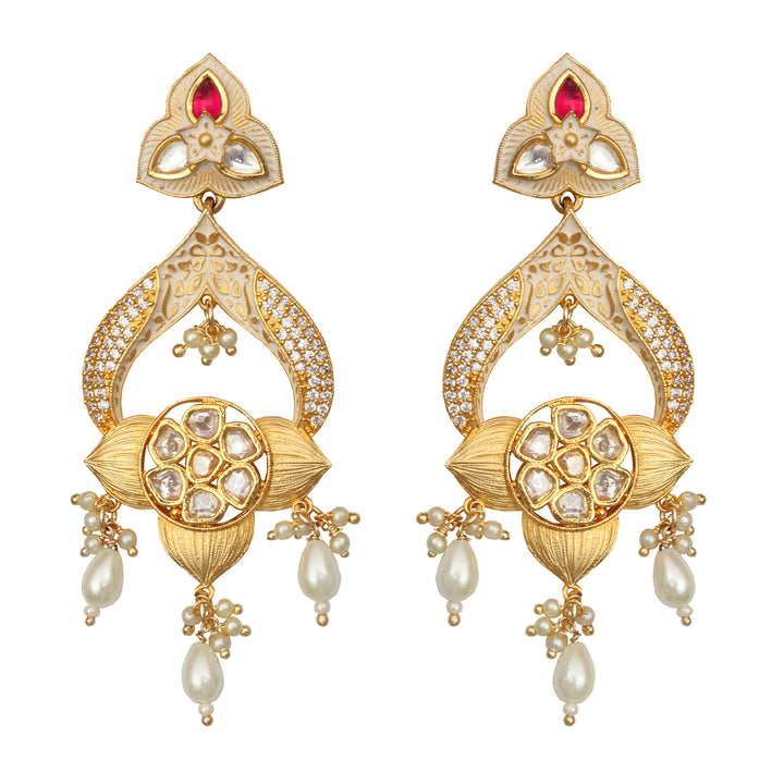 Gold finished Ivory Meenakari Kundan Danglers with White beads