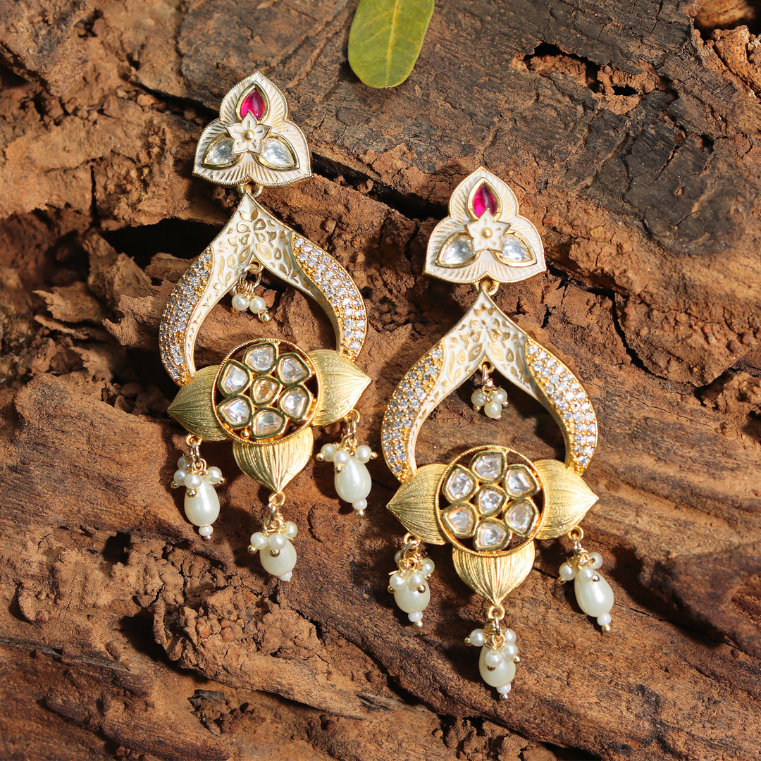 Gold finished Meenakari Kundan Danglers with baby Pink beads