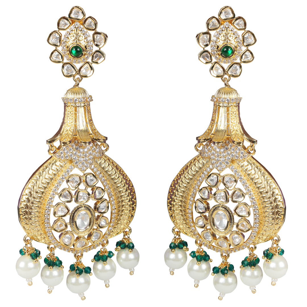 Antique Kundan Danglers with Delicate Faux Diamonds and Green & White Beads.