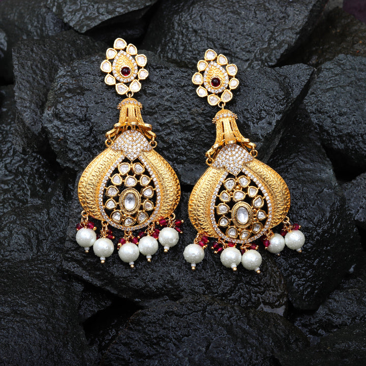 Antique Kundan Danglers with Delicate Faux Diamonds and Red & White Beads.