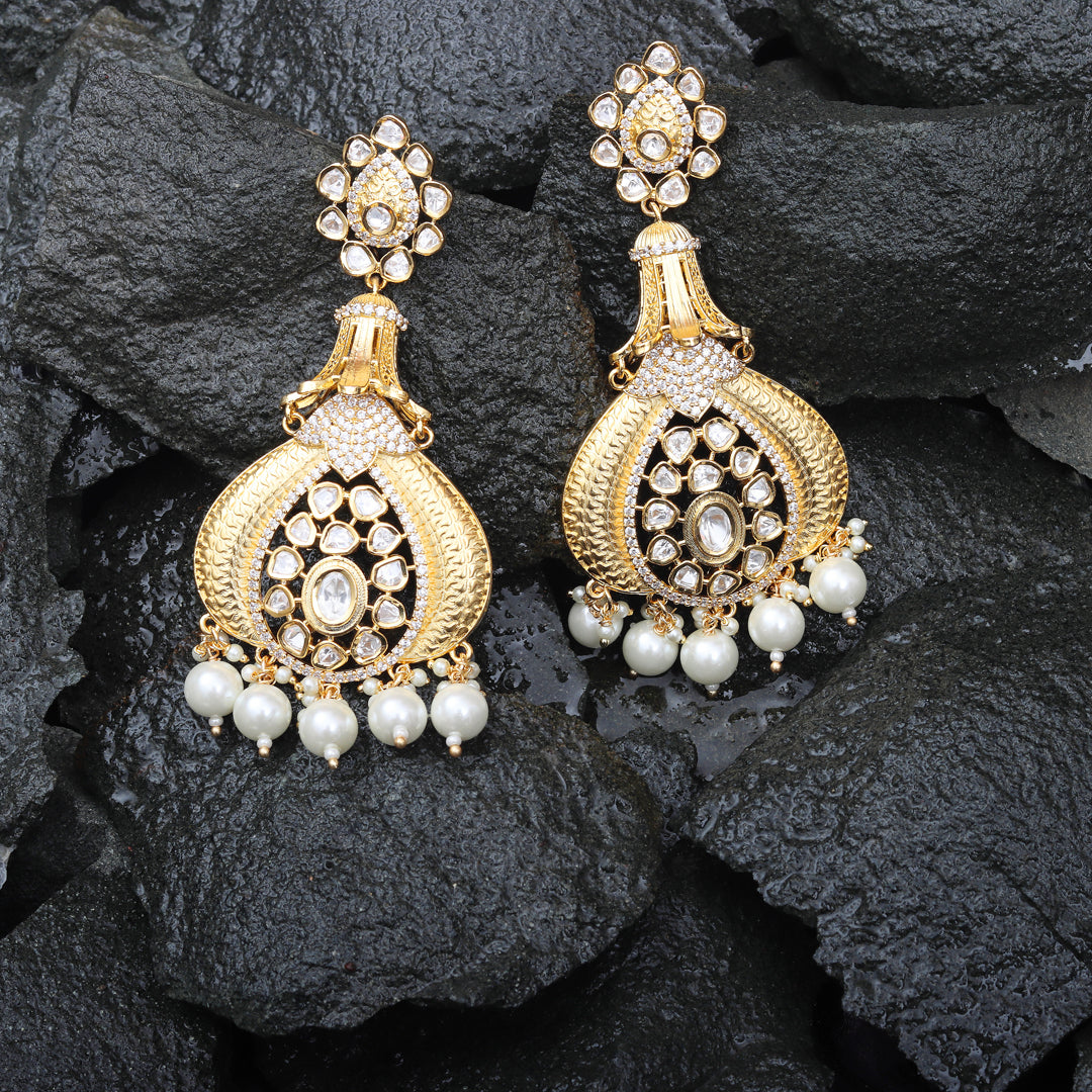 Antique Kundan Danglers with Delicate Faux Diamonds and Green & White Beads.