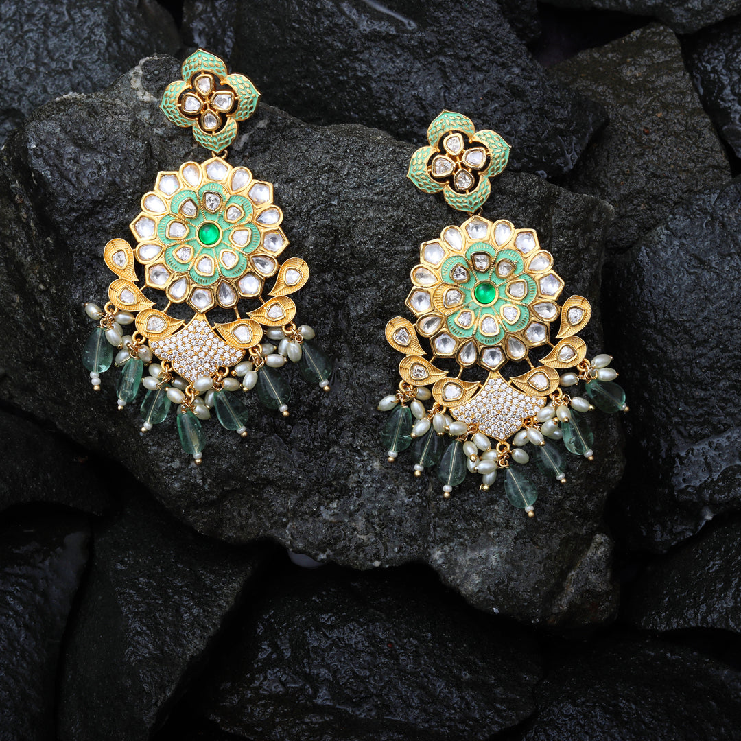 Kundan Danglers with Faux Diamonds & White Beads