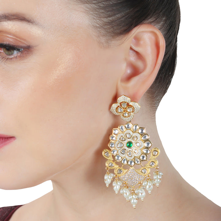 Kundan Danglers with Faux Diamonds & White Beads