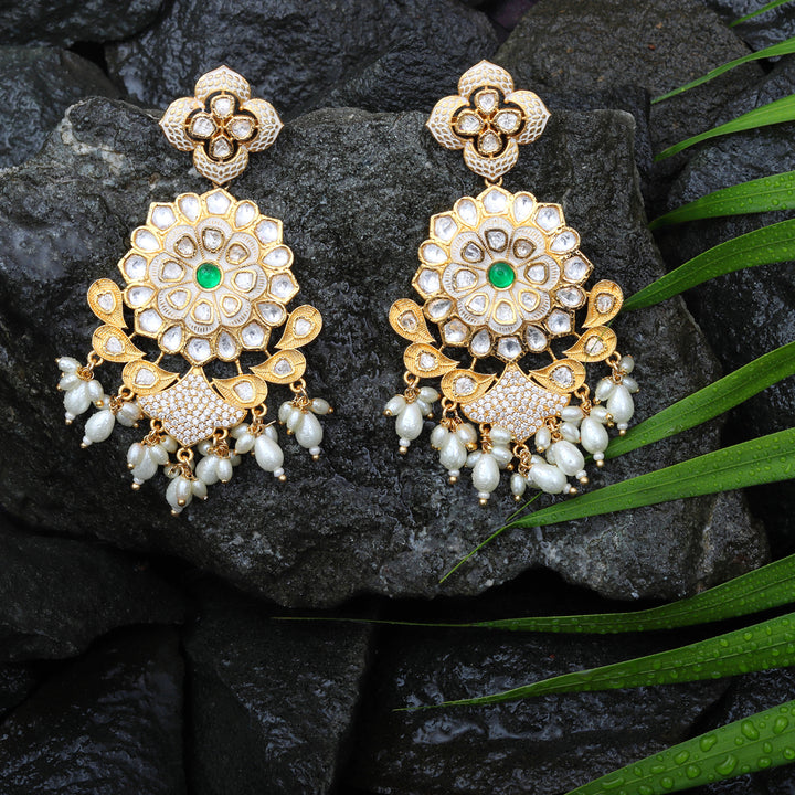 Kundan Danglers with Faux Diamonds & White Beads