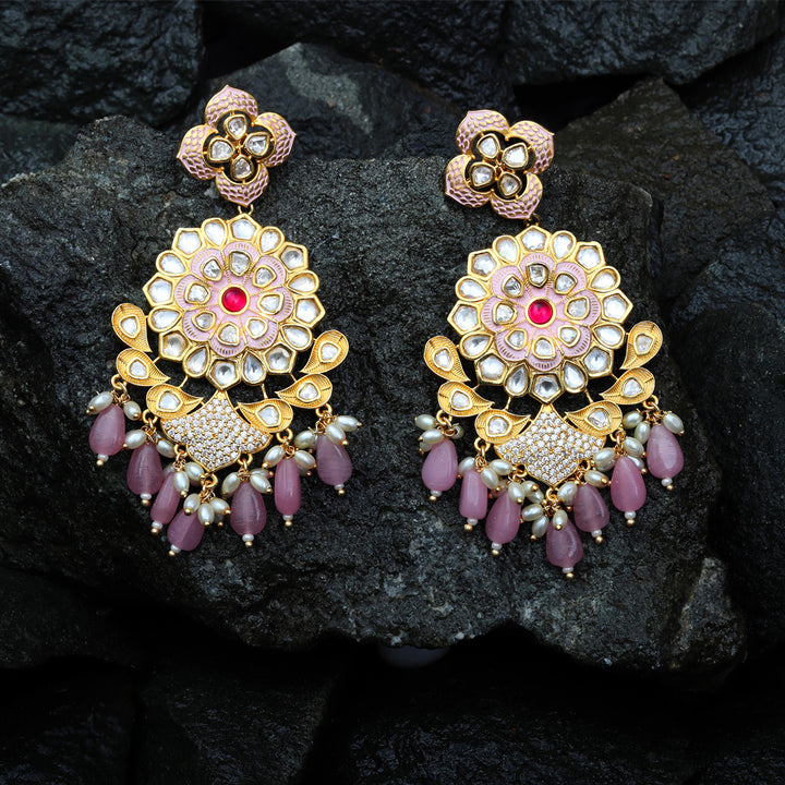 Kundan Danglers with Faux Diamonds & White Beads