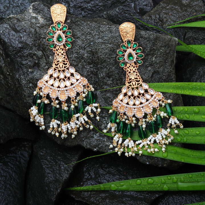 Gold Finished Kundan Danglers With Delicate Faux Diamonds & White & Mint Beads.