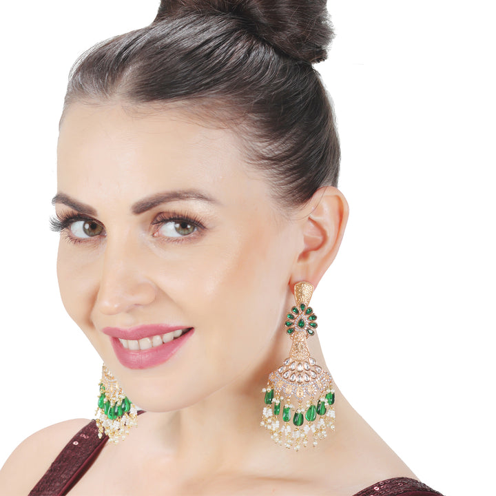 Kundan Danglers with Delicate Faux diamonds and White & Green Beads.