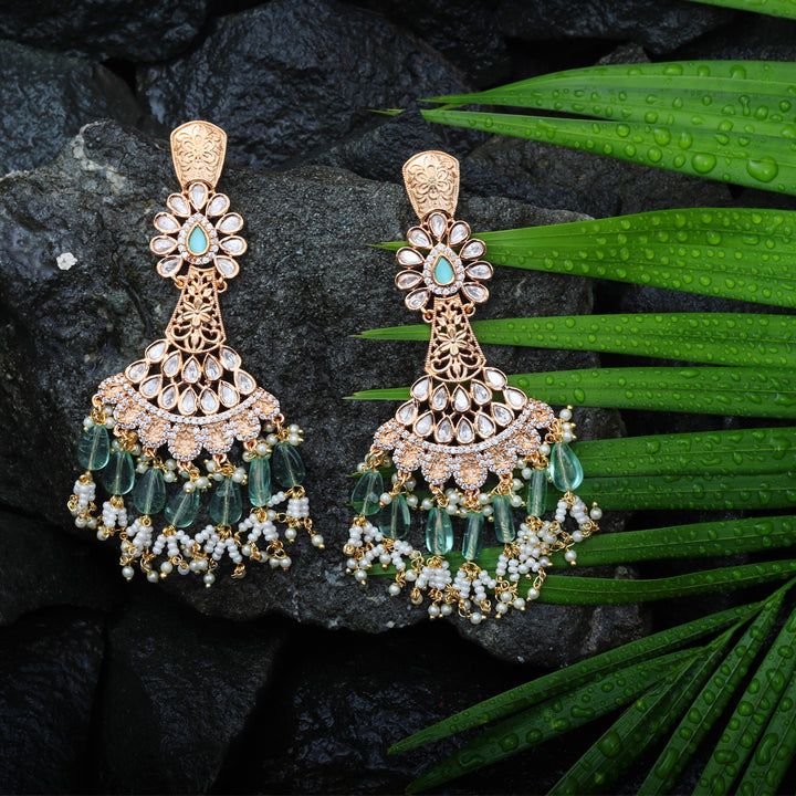 Gold Finished Kundan Danglers With Delicate Faux Diamonds & White & Mint Beads.