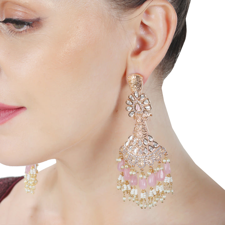 Kundan Danglers with Delicate Faux Diamonds and White & Pink Beads.