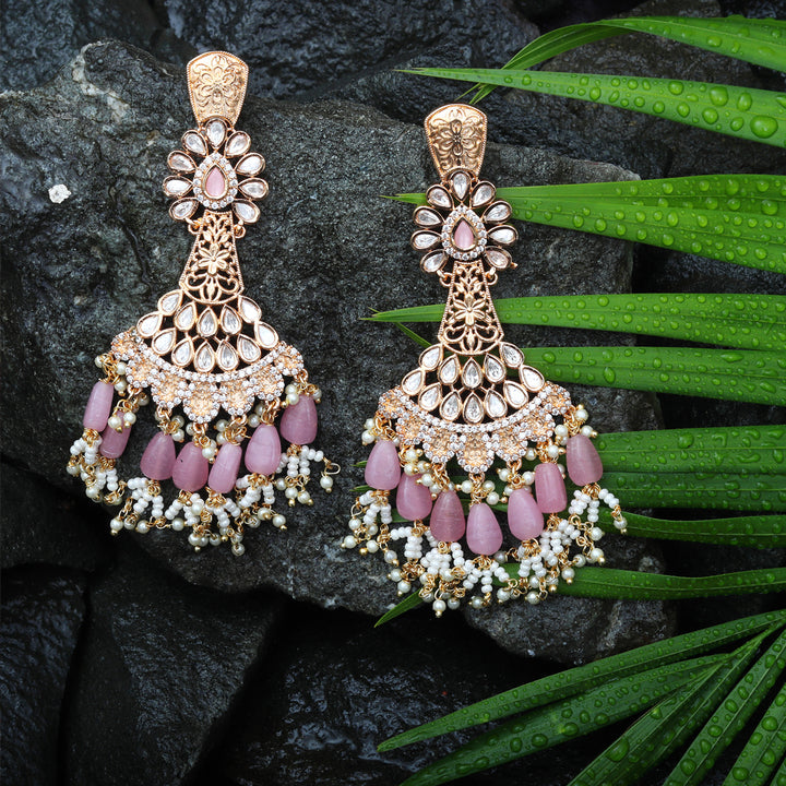 Kundan Danglers with Delicate Faux Diamonds and White & Pink Beads.