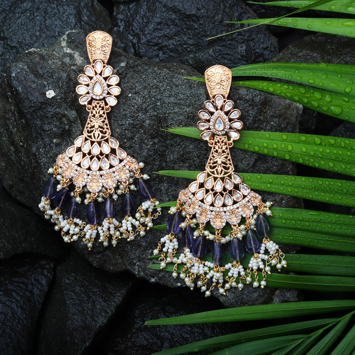 Kundan Danglers with Delicate Faux Diamonds and White & Purple Beads.