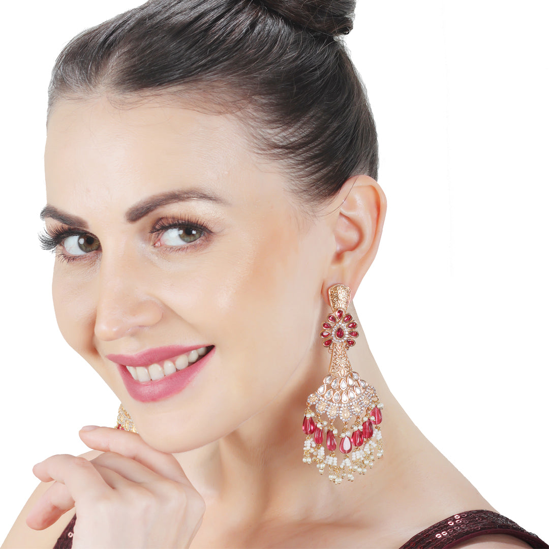 Kundan Danglers with Delicate Faux Diamonds and White & Pink Beads.