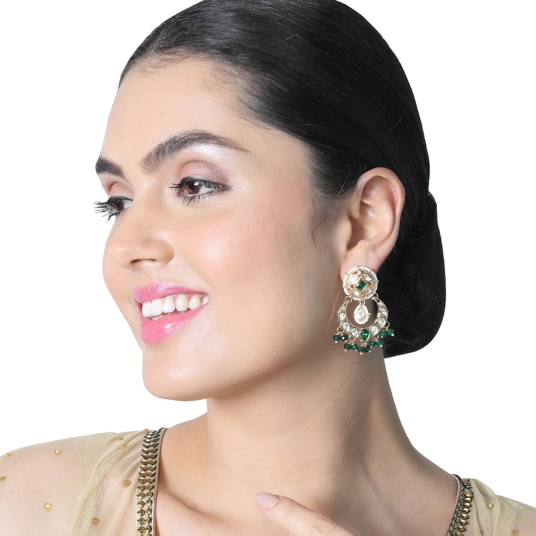 Gold finished Kundan Polki Danglers with Emerald Green beads