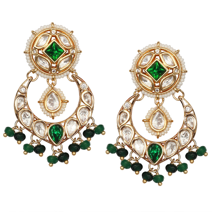 Gold finished Kundan Polki Danglers with Emerald Green beads