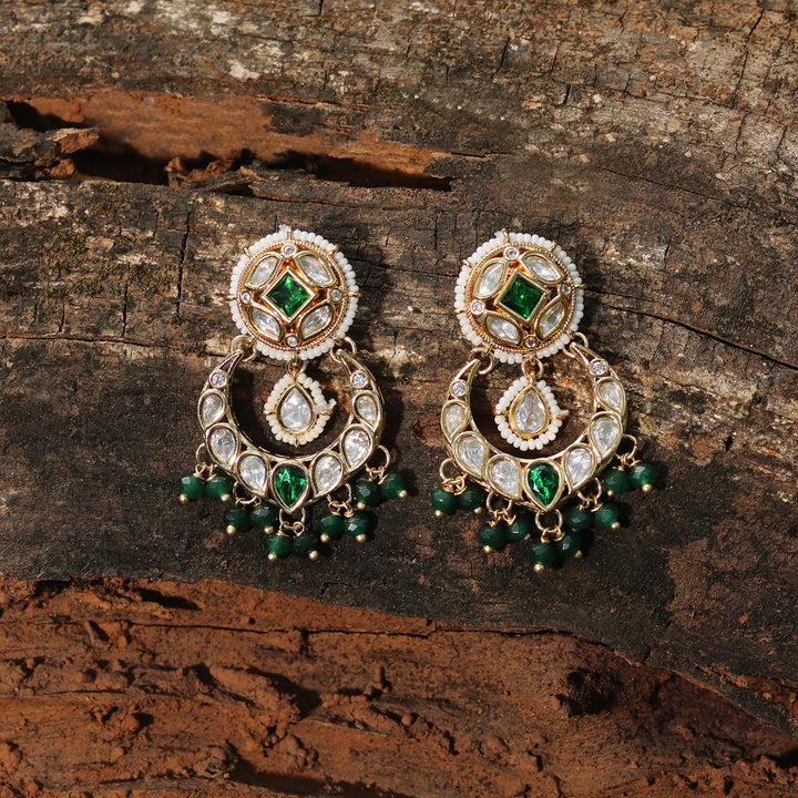 Gold finished Kundan Polki Danglers with Emerald Green beads