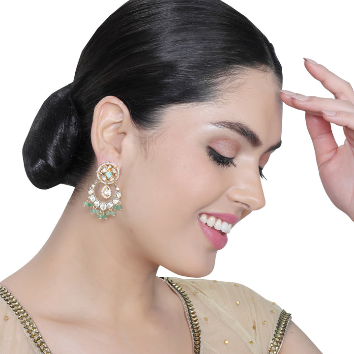 Gold finished Kundan Polki Danglers with Emerald Green beads