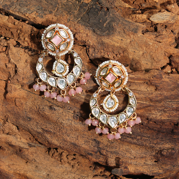 Gold finished Kundan Polki Danglers with blush Pink beads